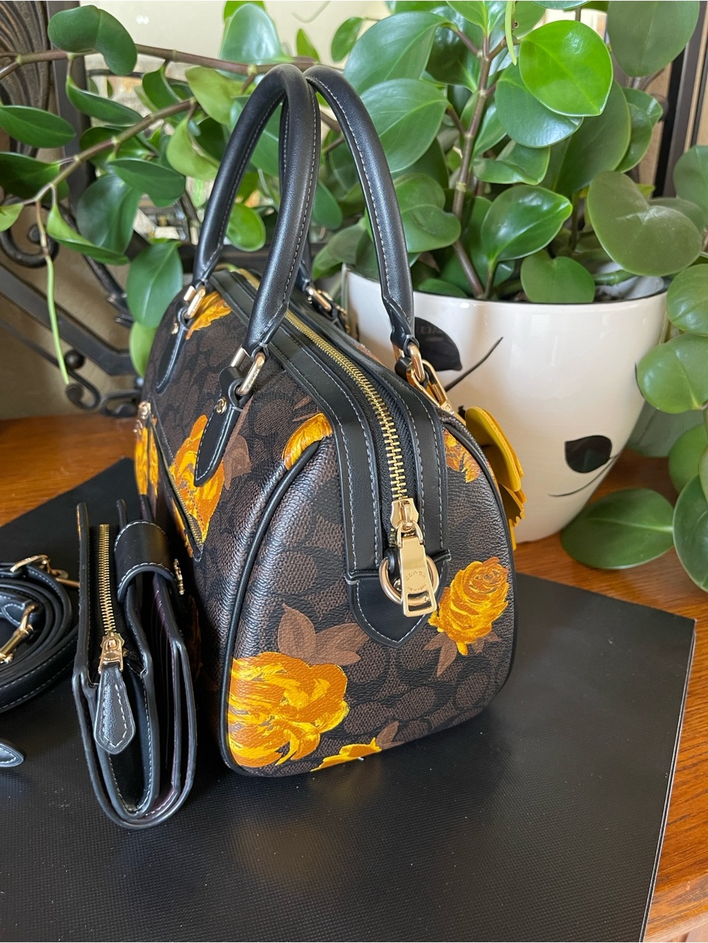 Coach Rowan Satchel Bag with Matching Wallet with Yellow Rose Print - Picture 4 of 10